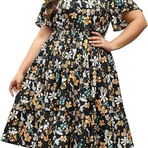 Plus Size Casual Midi Dress with Pockets Flowy Ruffle Sleeves